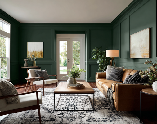 Living room painted in Hunter Green color scheme