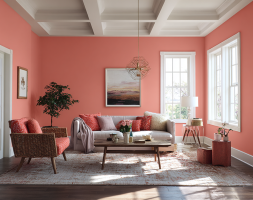 Living room painted in Sunny Coral color scheme