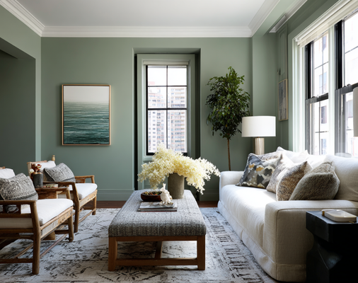 living room painted in sage green.
