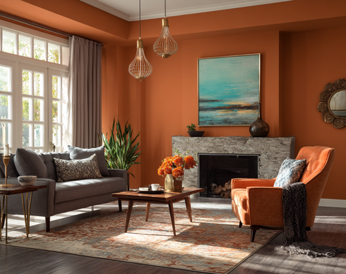 living room painted in the color burnt orange.