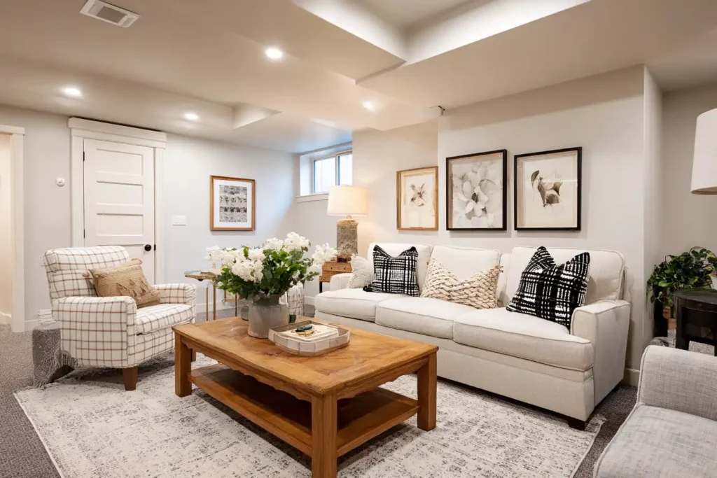 A bright finished basement in a Colorado home, light neutral painted walls