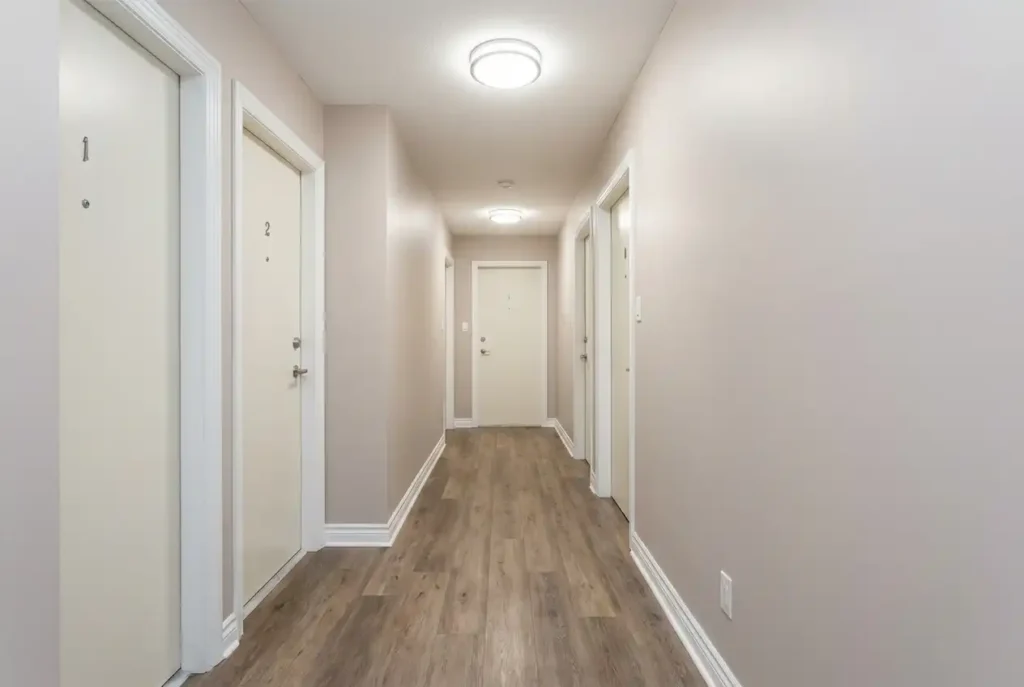 A freshly painted apartment hallway