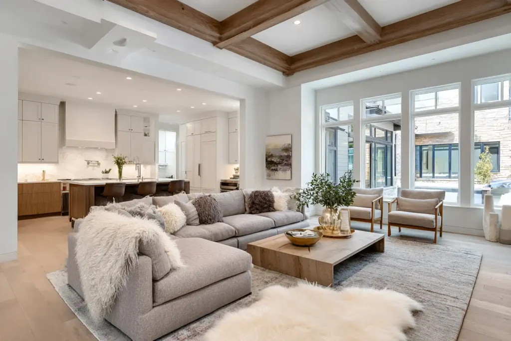 A room with bright white ceiling and soft neutral walls