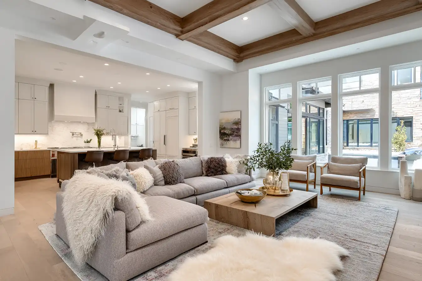 A room with bright white ceiling and soft neutral walls