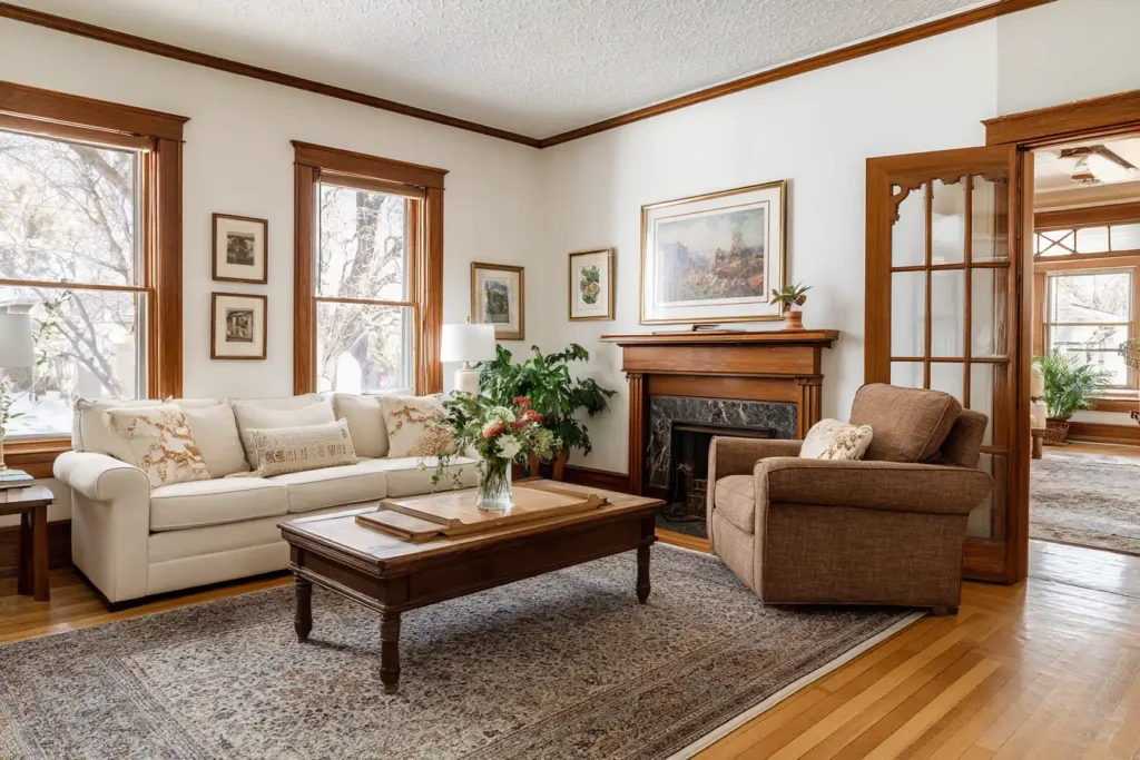 A traditional Fort Collins home interior with warm flooring and softer white trim