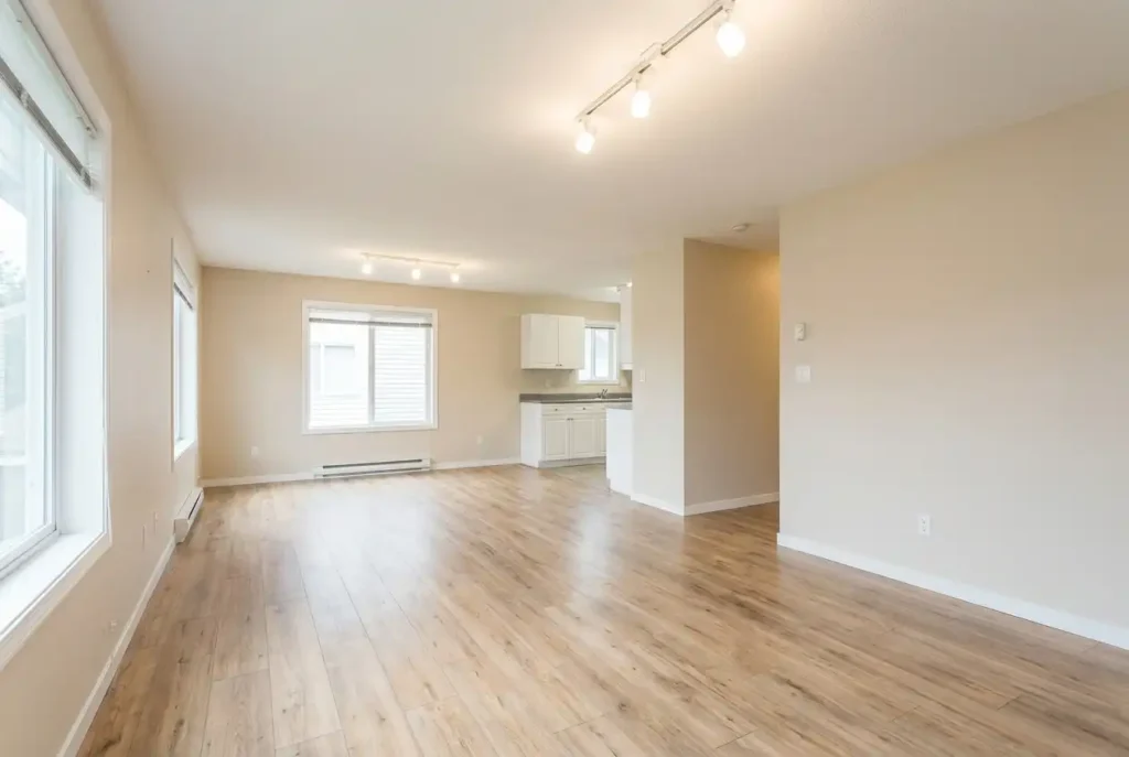 An open concept apartment living and dining area
