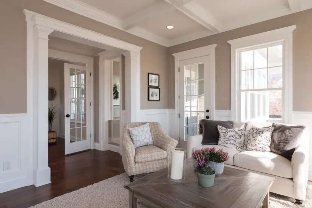 Interior scene showing matching white trim and ceiling with contrasting wall color