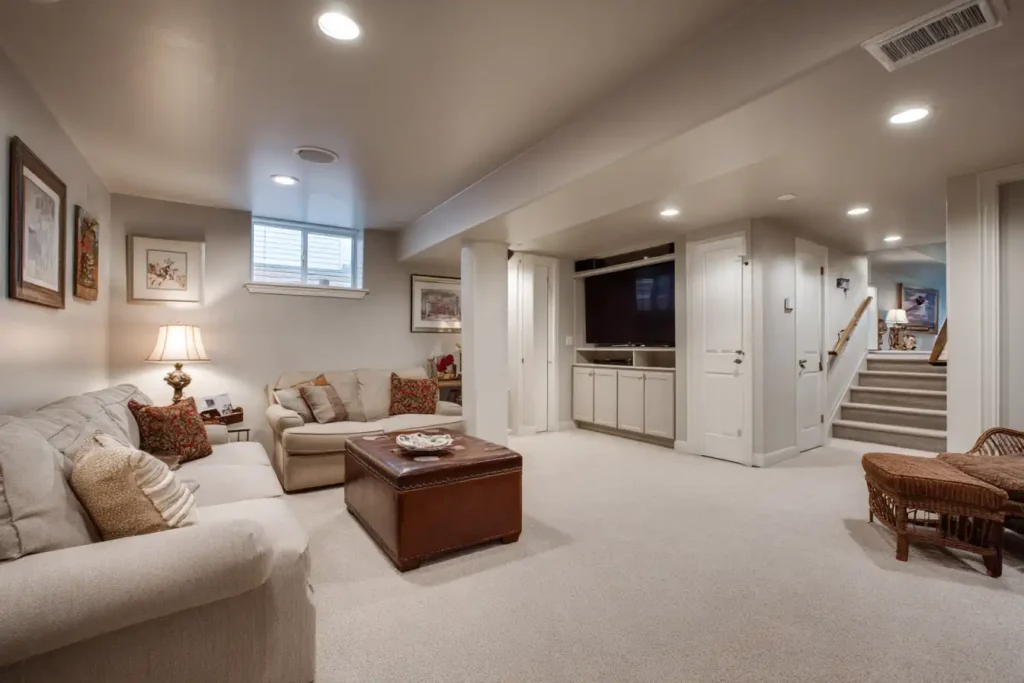 A finished basement painted in soft greige and warm neutral tones
