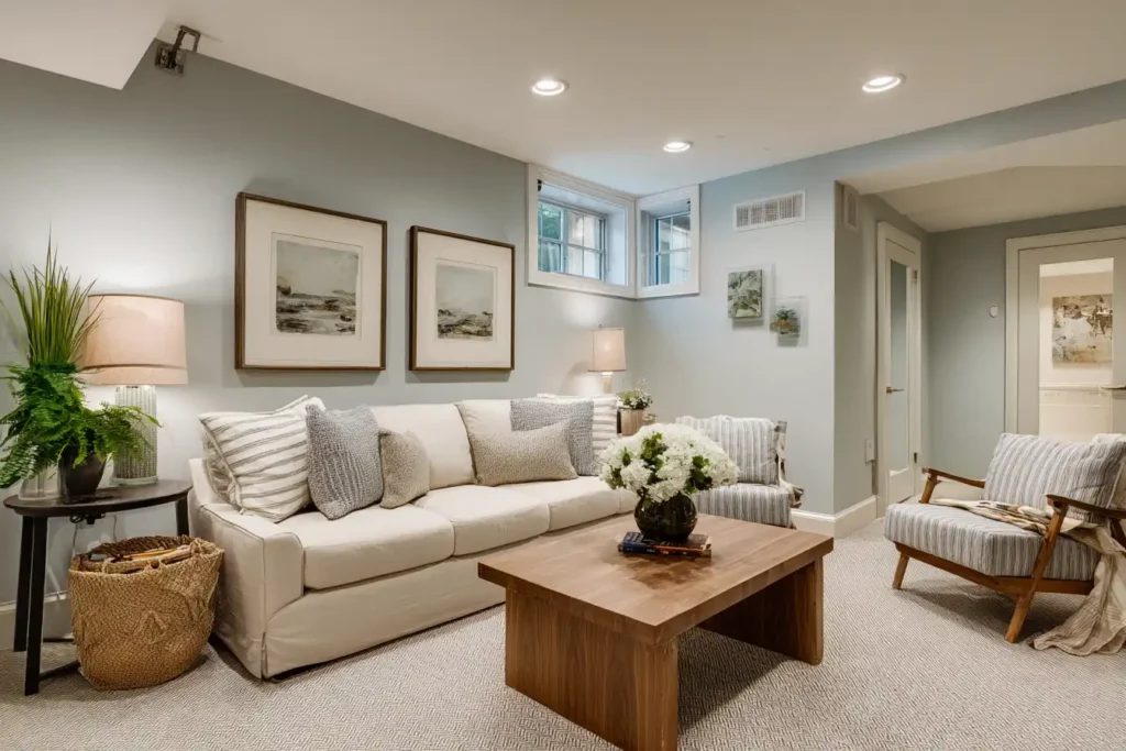 A basement family room with soft sage or blue-gray painted walls