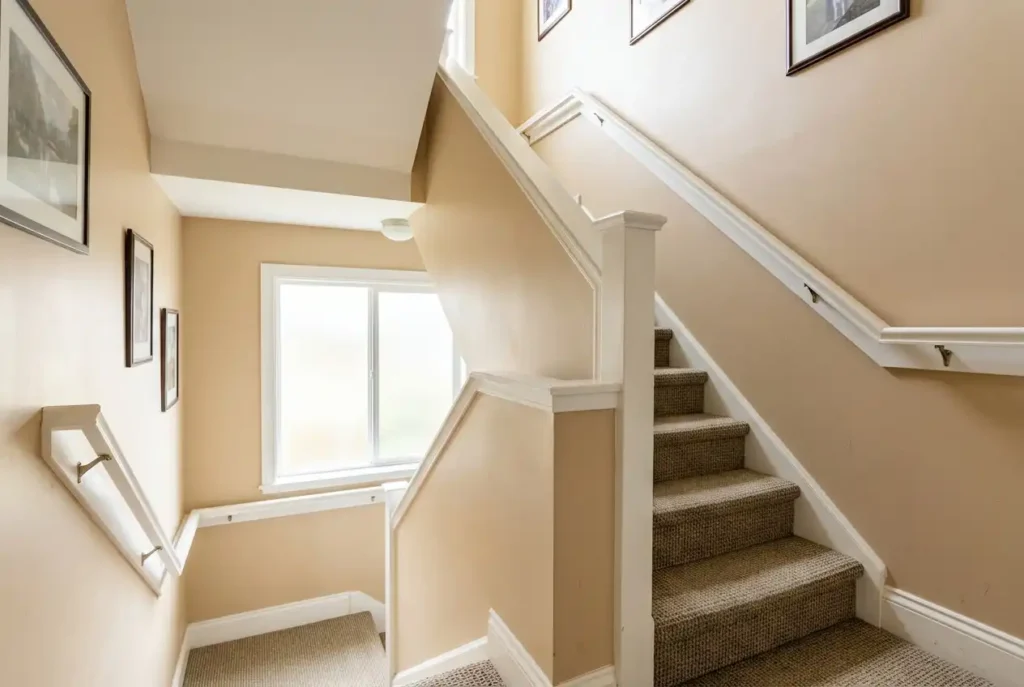A residential stairwell with warm beige or taupe painted walls