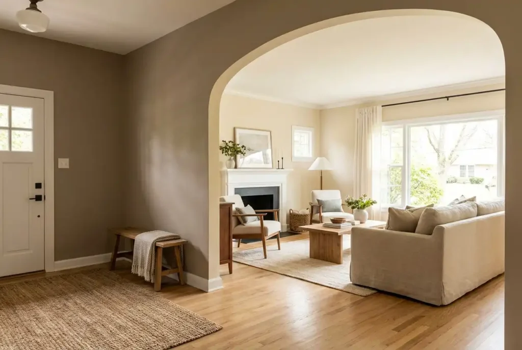 An entryway transitioning into a living room