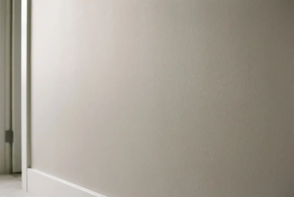 Close up view of a hallway wall painted in a soft neutral color