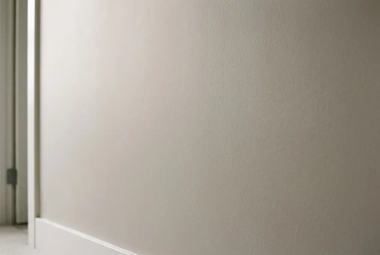 Close up view of a hallway wall painted in a soft neutral color