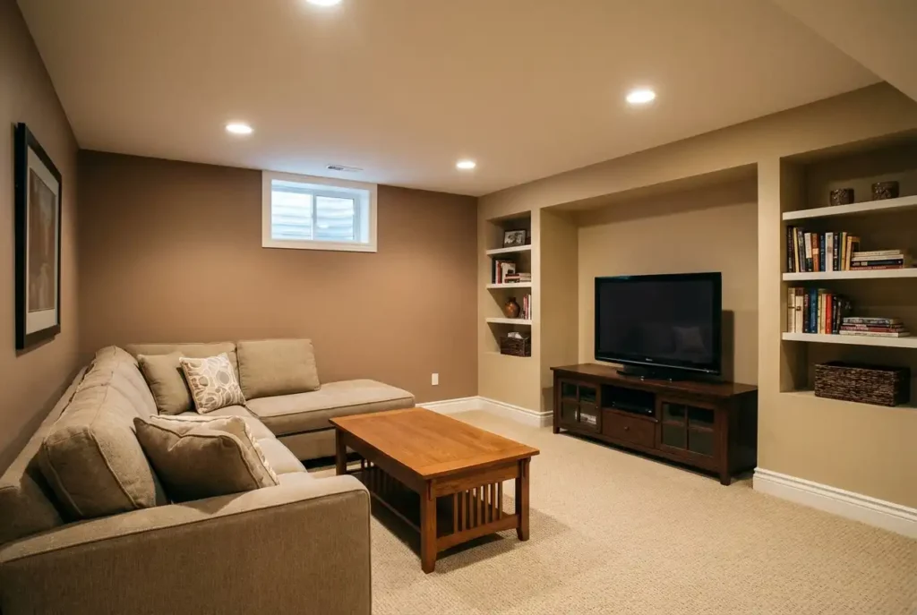 Finished basement in earthtone