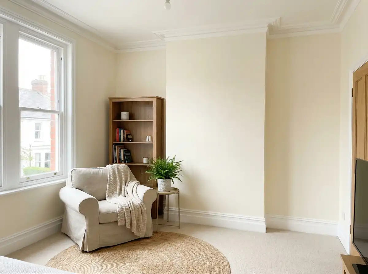 A north-facing room painted in a warm off-white shade