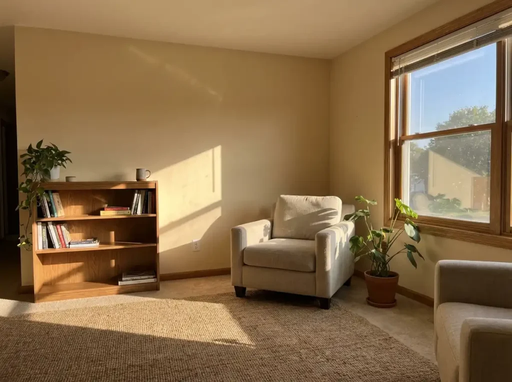 A south-facing interior room painted in a warm beige tone