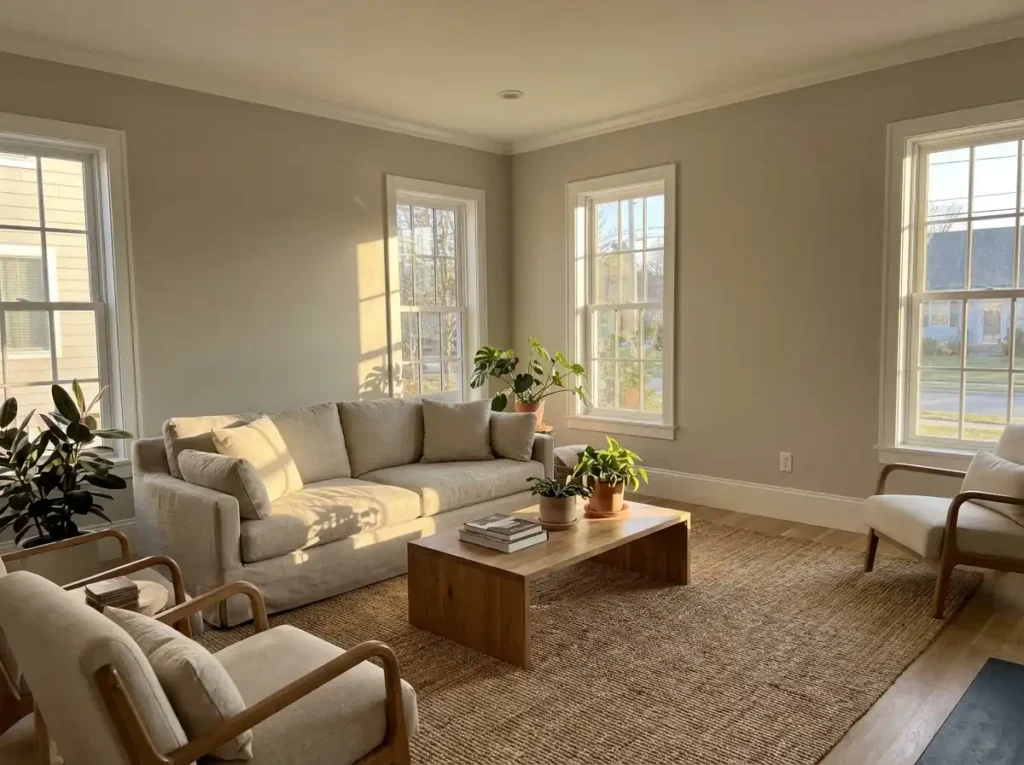 A south-facing living room filled with warm natural sunlight