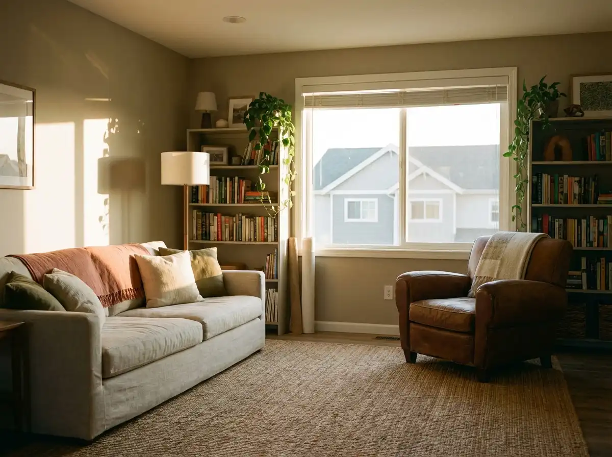 A west-facing interior room during early evening with rich warm natural light