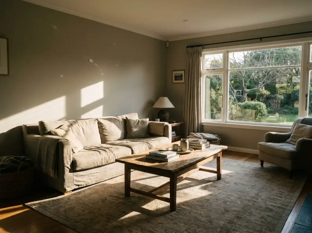 A west-facing living room with strong golden afternoon sunlight entering through windows