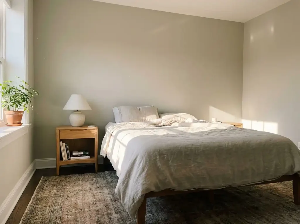 An east-facing bedroom filled with soft warm morning sunligh