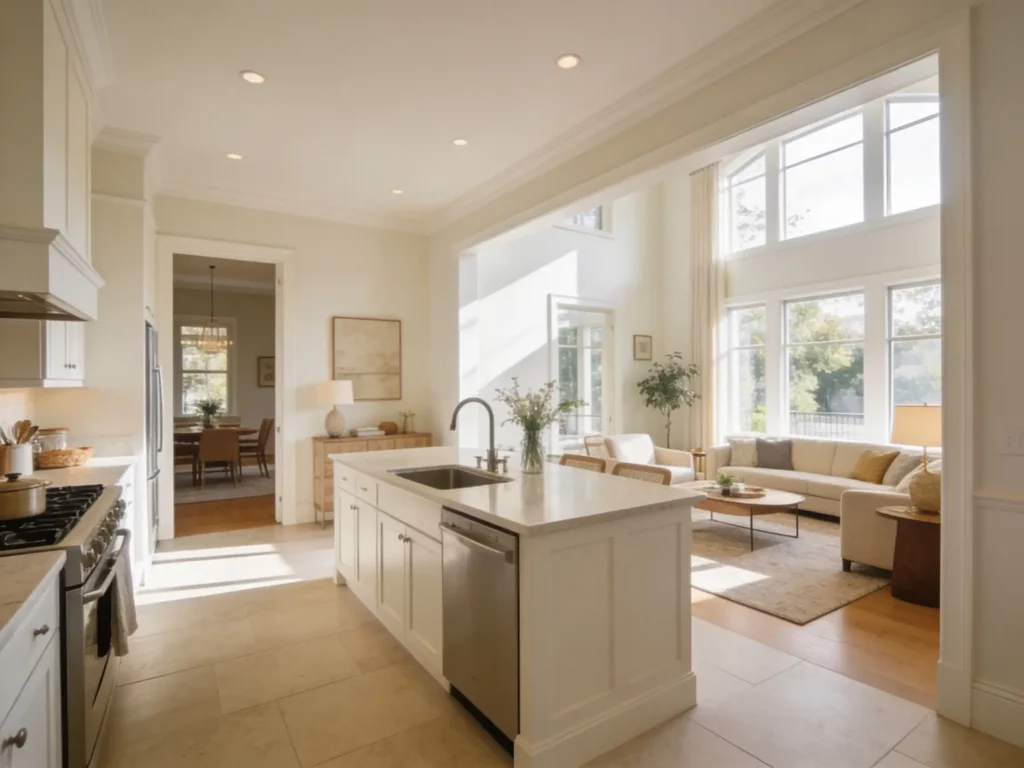 Bright open floor plan interior painted in warm off-white walls