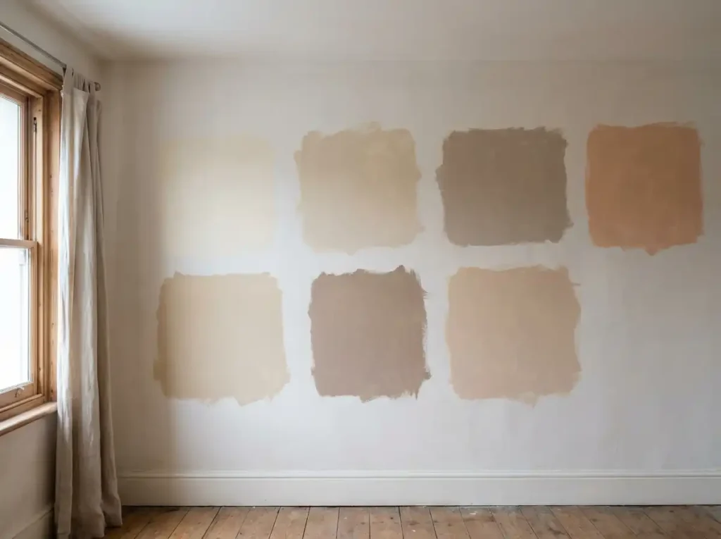 Interior north facing wall with large painted sample swatches in warm neutral tones