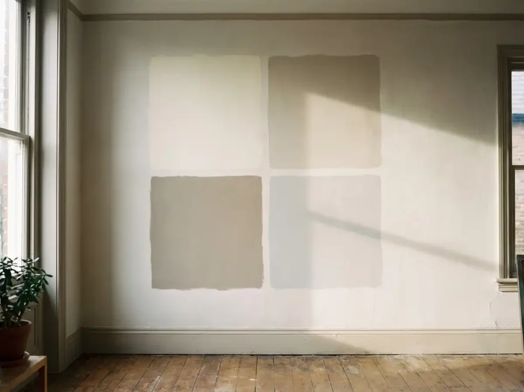 Interior wall with large paint sample swatches in neutral tones