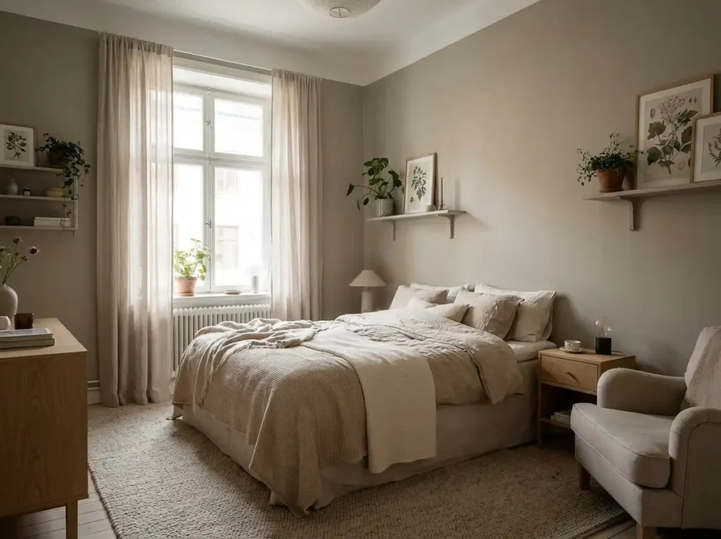 North facing bedroom painted in a warm greige color indirect daylight coming from windows