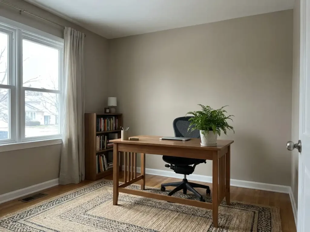North facing home office painted in a clay beige tone