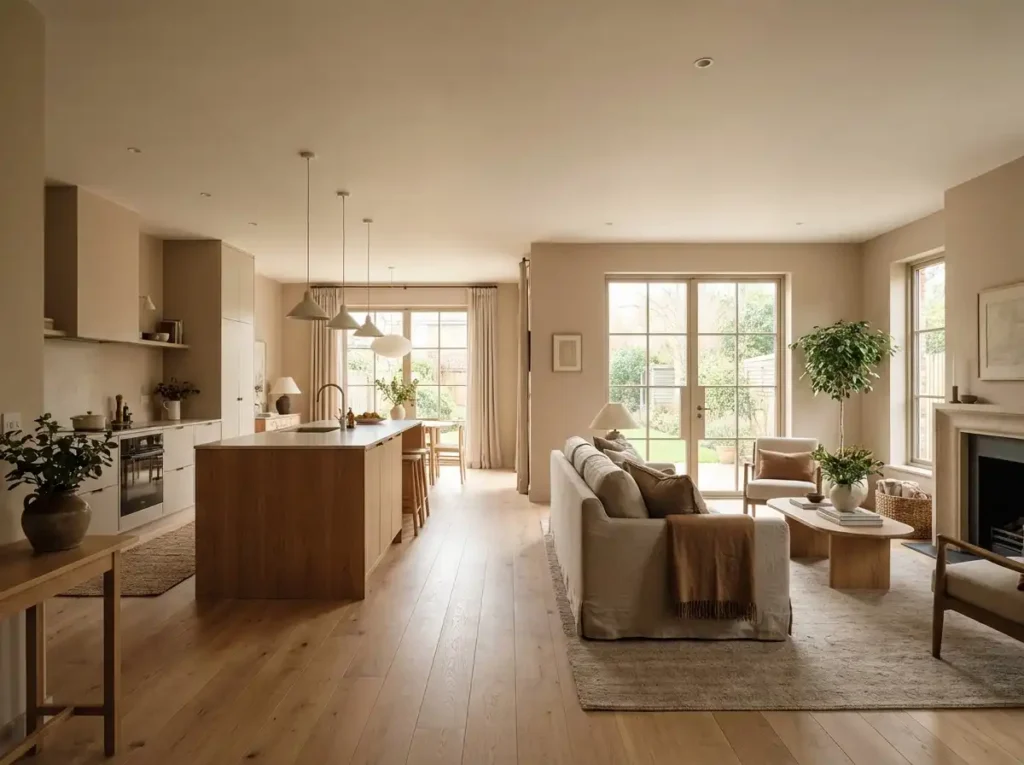 Open concept home interior painted in muted soft clay beige