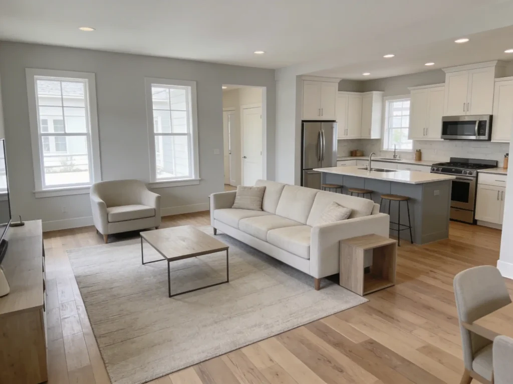 Open concept living room painted in light greige