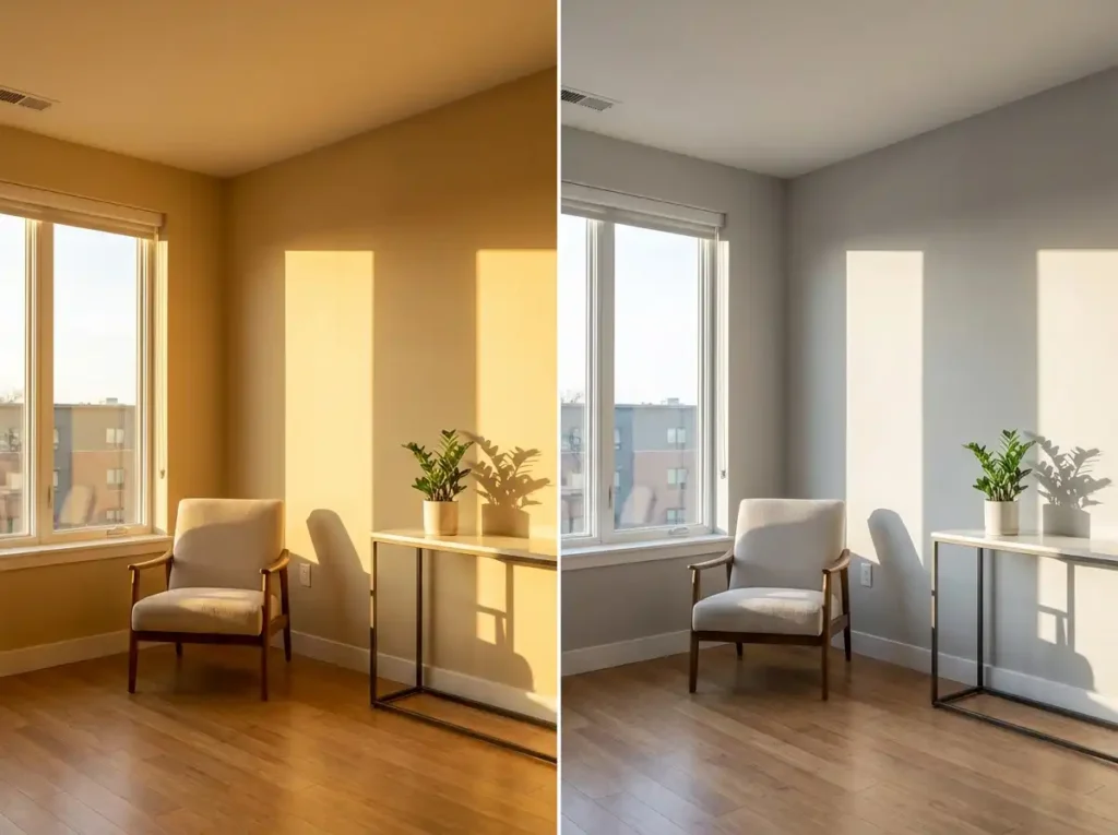 Side-by-side comparison of the same west-facing room,