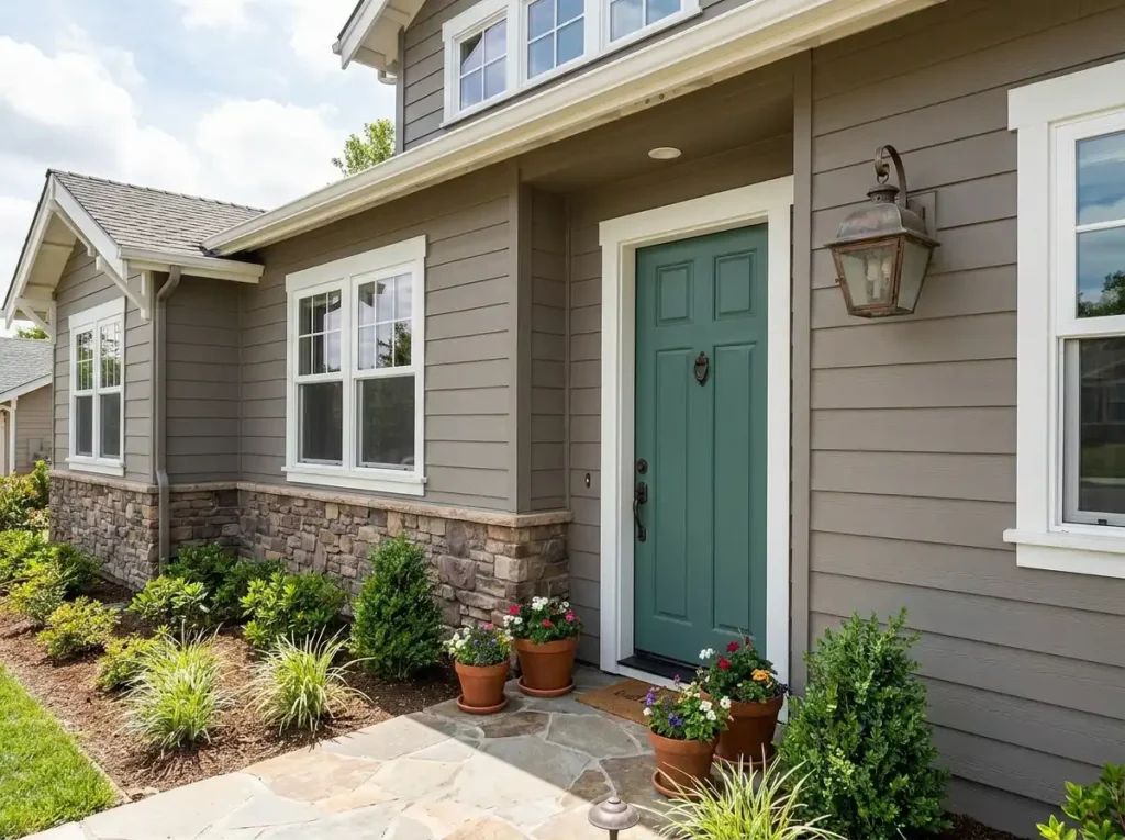 home exterior with a teal green front door