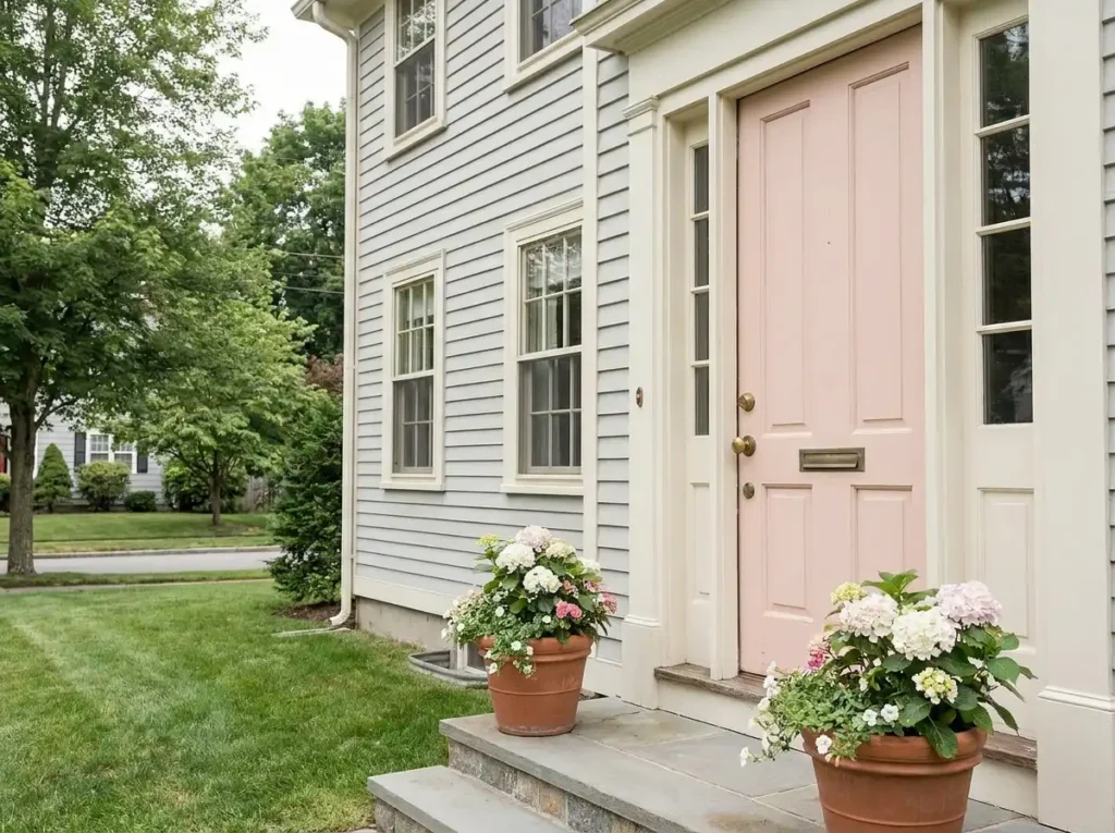 home with a soft blush pink front door
