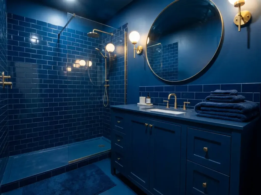 Bathroom Color Drenched in Navy Blue