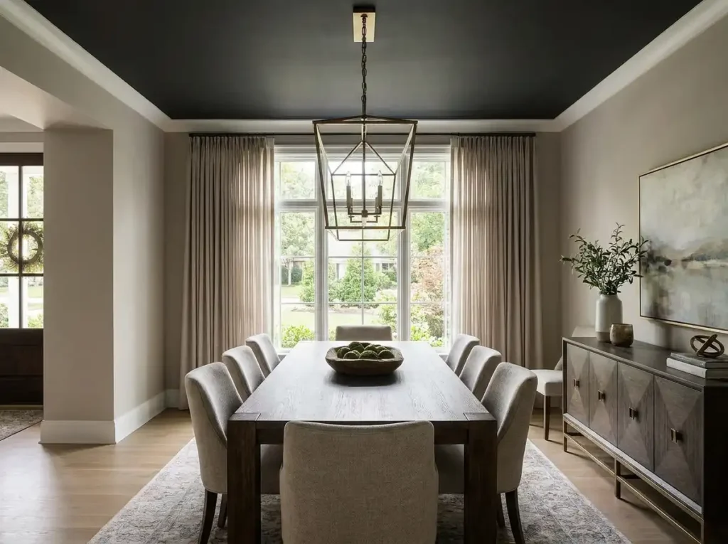 Dining room with ceiling painted charcoal
