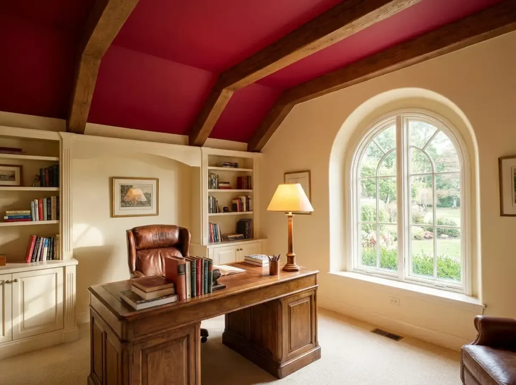 Home office with ruby red ceiling