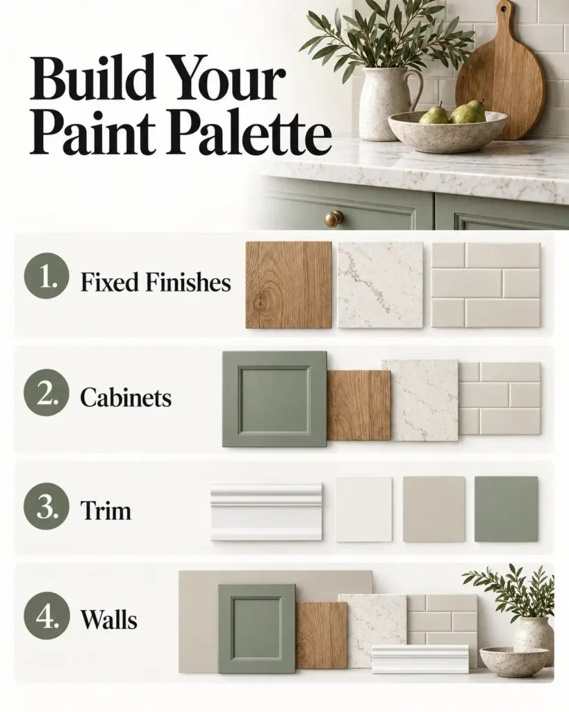 Four-step guide to coordinating paint colors, starting with flooring, countertops, and tile, followed by cabinets, trim, and walls.