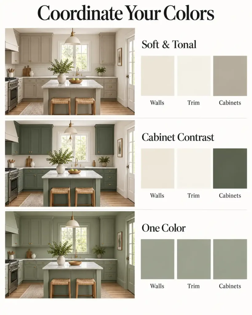 Three kitchen color palettes showing soft neutral tones, contrasting green cabinets, and matching sage green walls, trim, and cabinets.
