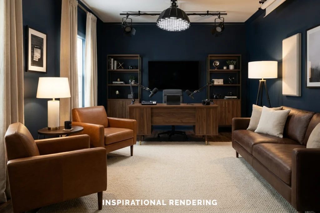 Deep Navy Walnut and Warm White Streaming Room